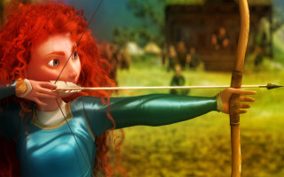 Red haired girl aiming bow - a scene free wallpaper