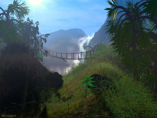 Bridge over lush forest mountain - volumetric lighting free wallpaper for desktop