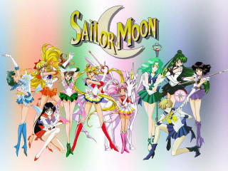 Sailor moon anime characters rainbow - a picture together in front free wallpaper