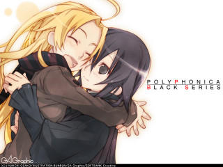 Anime characters hugging polyphonica black - official art free wallpaper for desktop