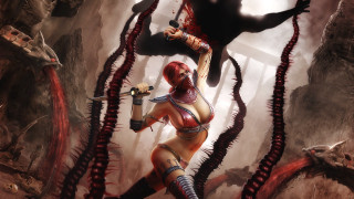 Woman red outfit knife demon - her hand and a demon in the background free wallpaper