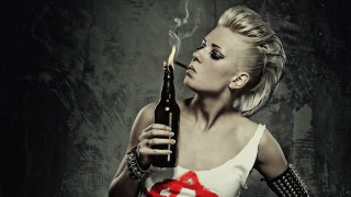 Woman smoking cigarette holding beer - punk art free wallpaper