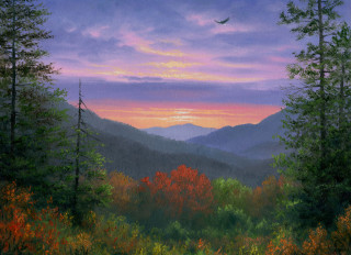 Sunset mountains bird flying trees - a painting of a sunset free wallpaper