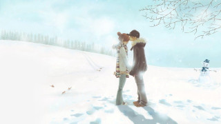 Couple kissing snow snowman tree - free valentines wallpaper