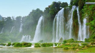 Large waterfall river trees castle - both side free wallpaper for desktop
