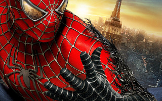 Spider man red suit city - a tall building in the background free wallpaper