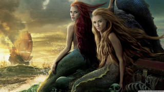 Mermaids rock ocean ship background - free fantasy wallpaper