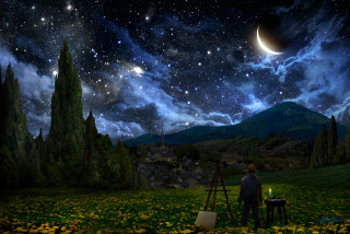 Man field easel painting night - star and a moon free wallpaper for desktop