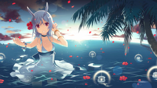 Anime girl rock ocean palm - a rock in the ocean free wallpaper