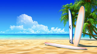 Surfboards sand palm tree ocean - felipe seade free wallpaper