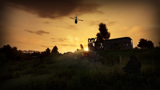 Plane flying field sunset building - dynamic lighting free wallpaper