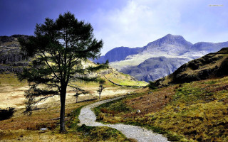 Winding path grassy valley mountains - a path free wallpaper