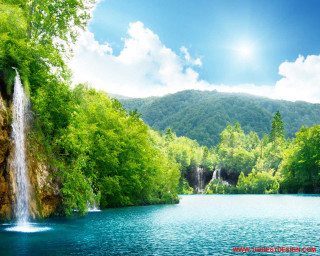 Waterfall lake trees mountains background - tree and mountains free wallpaper for desktop