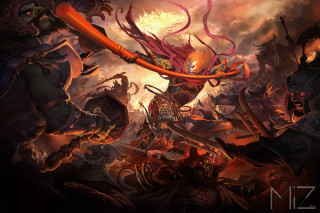 Woman sword demon back painting - her hand and a demon free wallpaper