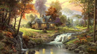 Cabin woods stream deer painting - edward lamson henry free wallpaper