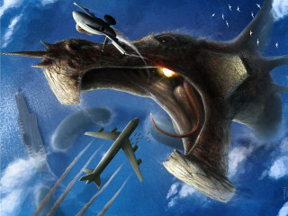 Dinosaur jet plane flying over - conceptart free wallpaper