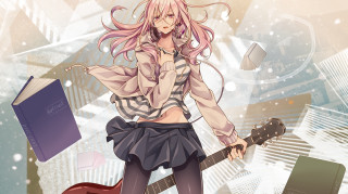Pink hair girl guitar book - a cityscape free wallpaper for desktop