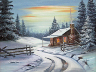 Cabin snow sunset road painting - an oil painting free wallpaper