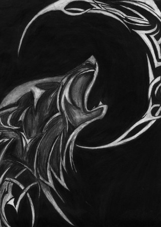 Wolf flames crescent black background - a charcoal drawing free wallpaper