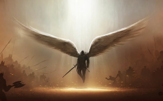 Man wings sword group people 2 - a painting of a man free wallpaper