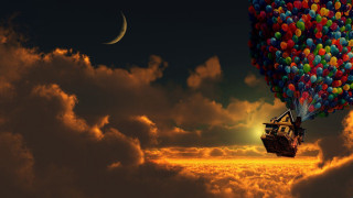 Floating house balloons crescent moon - balloon free wallpaper for desktop