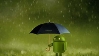 Green android character holding umbrella - an umbrella in the rain free wallpaper
