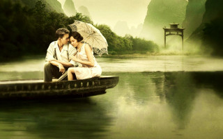 Romantic river boat umbrella rain - a couple sitting free wallpaper
