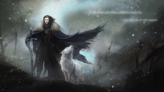 Man sword wolf snow sky - free fantasy wallpaper
