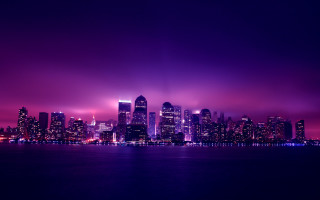 City skyline purple sky water 2 - a purple sky and water free wallpaper
