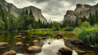 River rocks grass mountains cloudy - rock and grass free wallpaper for desktop