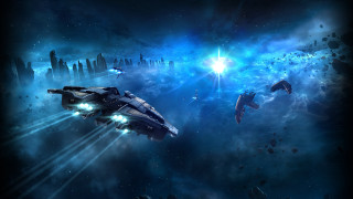 Spaceship flying blue sky stars - star and planets free wallpaper