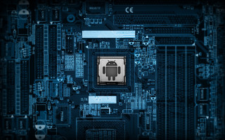 Processor robot blue background cityscape - free technology wallpaper