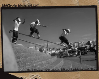 Young men skateboarding metal rail - blunt border free wallpaper