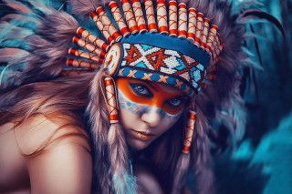 Woman feather headdress psychedelic photorealistic - beautiful bone structure free wallpaper