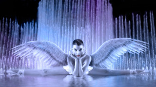 Woman white wings fountain rainbow - the ground in front free wallpaper for desktop