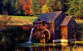 Water mill waterfall trees background - a house in the foreground free wallpaper