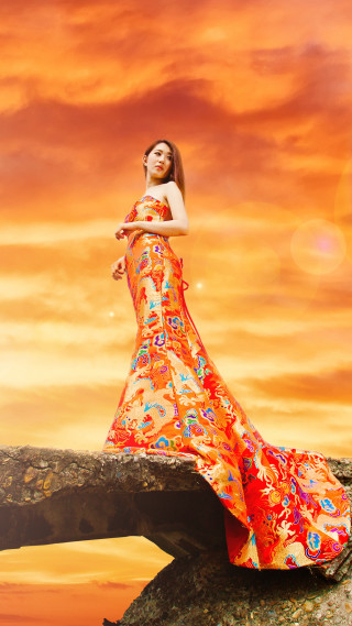 Woman long dress rock sunset 2 - chen lin free wallpaper for mobile