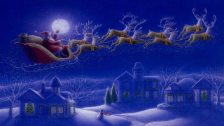 Santa sleigh reindeers night town - dark background free wallpaper