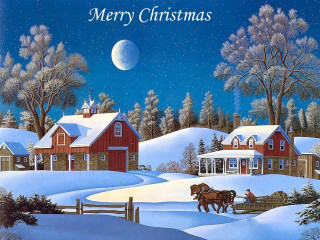 Snowy village horse drawn carriage - kinkade free wallpaper