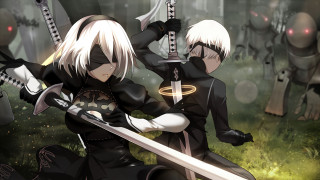Anime characters swords forest red - nier:automata free wallpaper