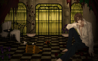 Man sitting checkered floor room - a vase free wallpaper