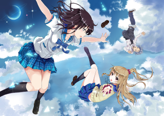 Anime girls flying sky clouds - the air together free wallpaper