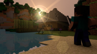 Man lake minecraft village sunset - dynamic lighting free wallpaper for desktop