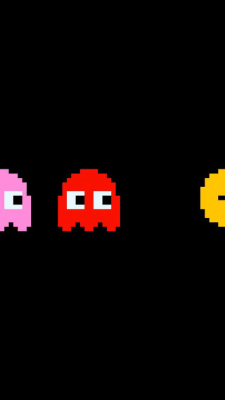 Pixelated pacman faces black background - 2 d game art free wallpaper for mobile