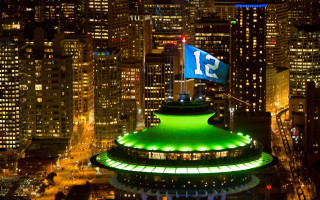 Large green building flag night - night time in a city free wallpaper