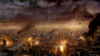 City smoke flames buildings painting - a painting of a city free wallpaper for desktop