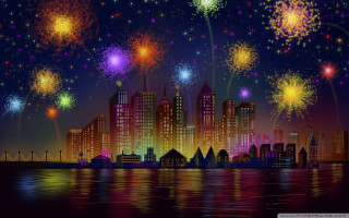 City skyline fireworks water reflection - a city skyline free wallpaper