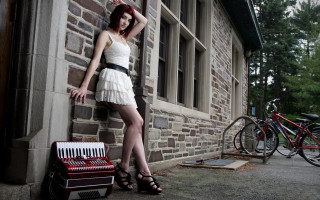 Woman brick wall accordion red - claire falkenstein free wallpaper