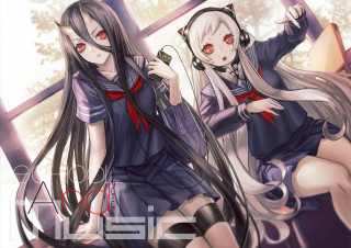 Anime girls bench redeyes headphones - red eye free wallpaper