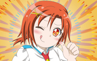 Red haired girl pointing yellow - behind her free wallpaper